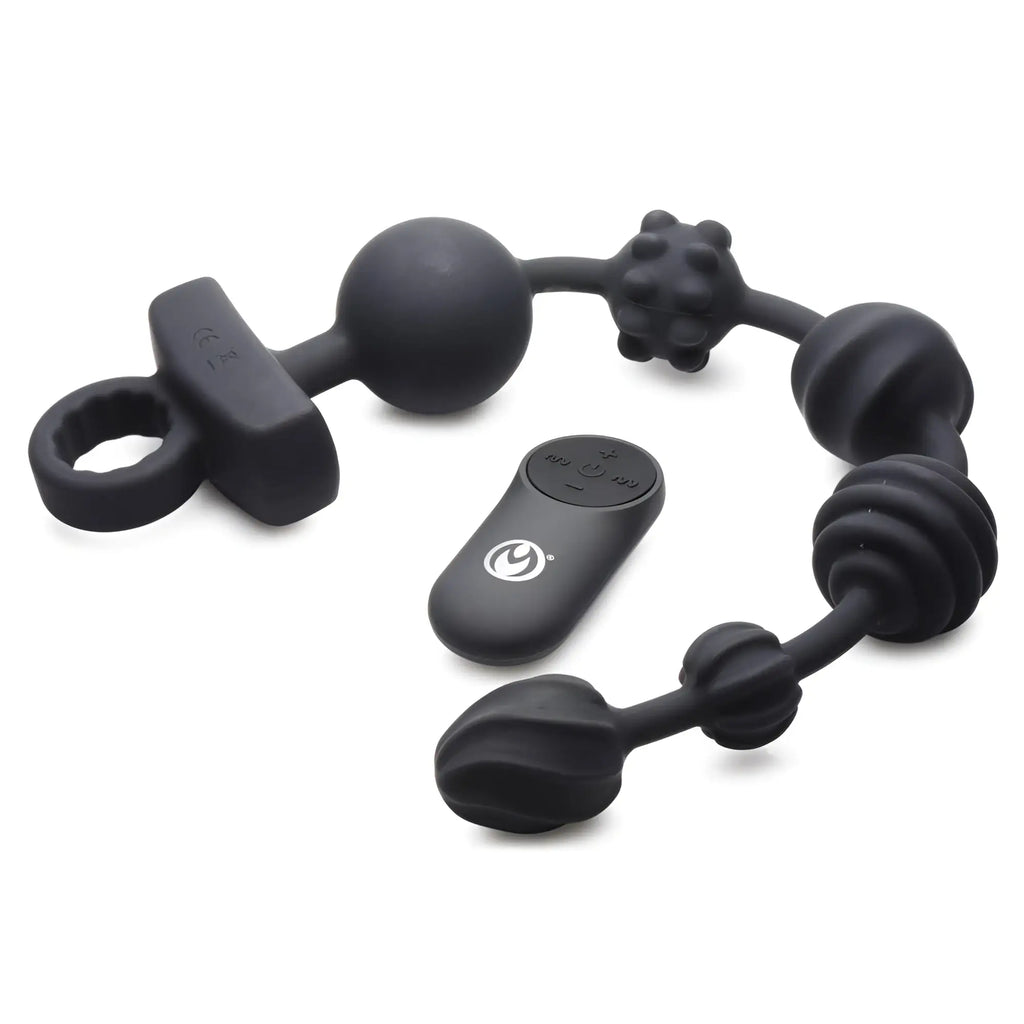 Black silicone 21X dark rattler vibrating anal beads with textured nodes and matching remote control unit