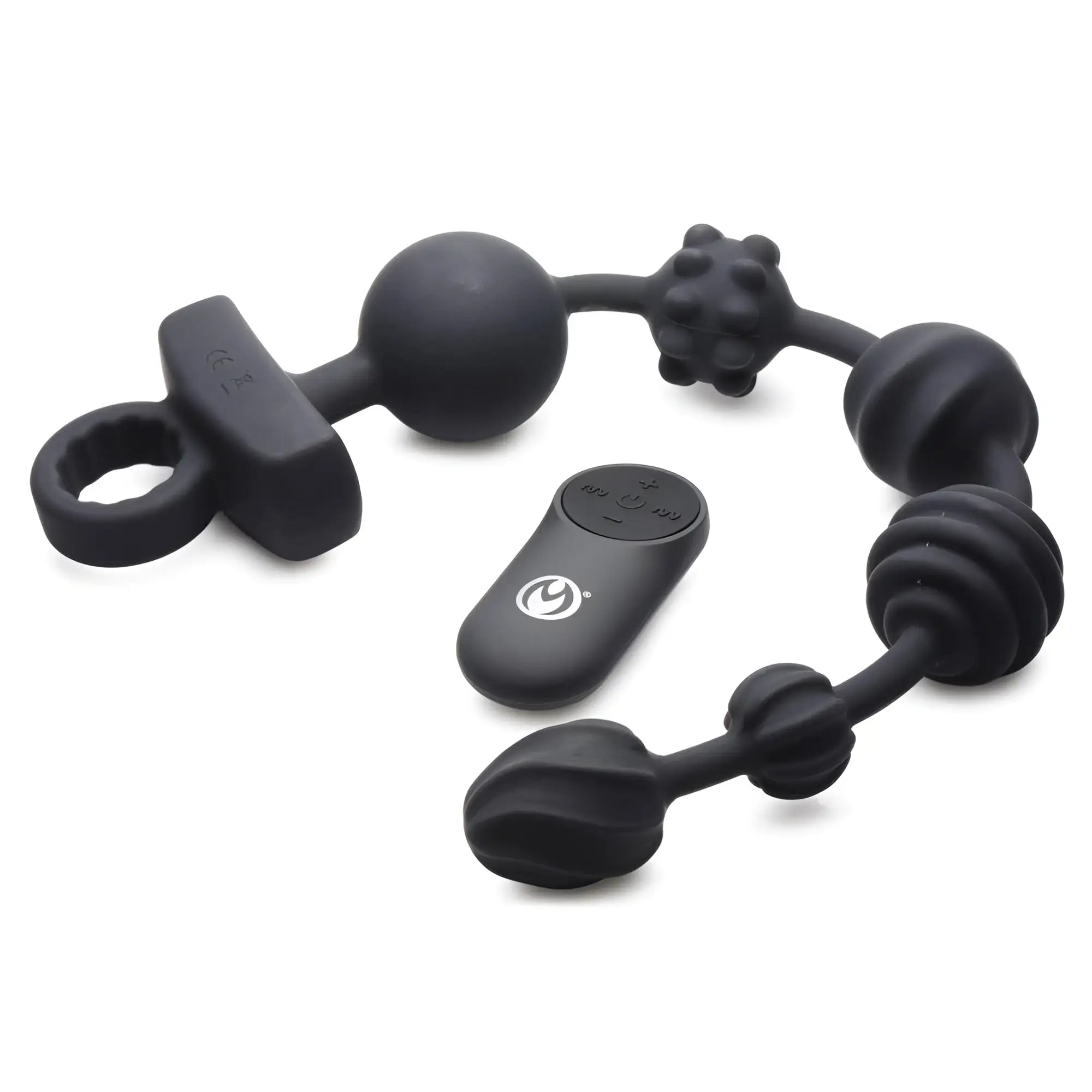 Black silicone 21X dark rattler vibrating anal beads with textured nodes and matching remote control unit