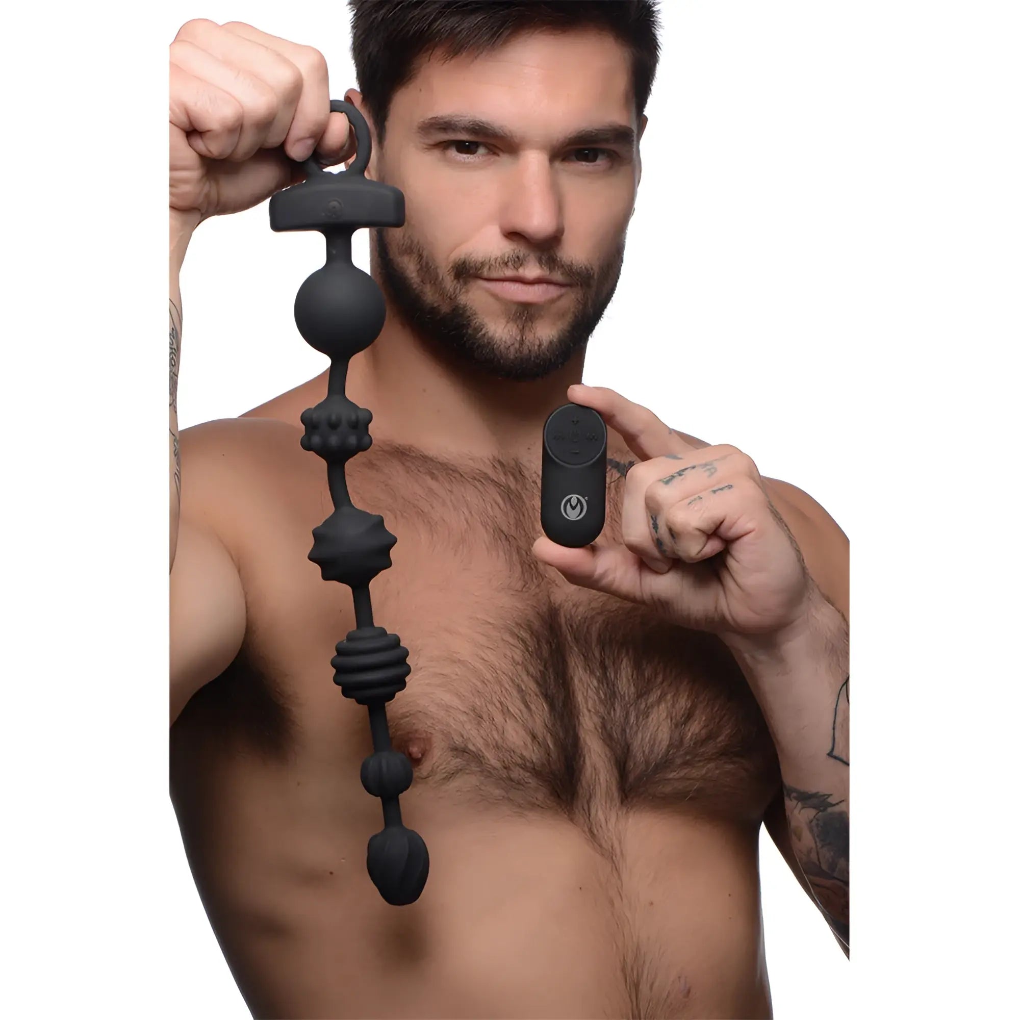 Black silicone vibrating anal beads with textured design and matching remote control for hands-free use