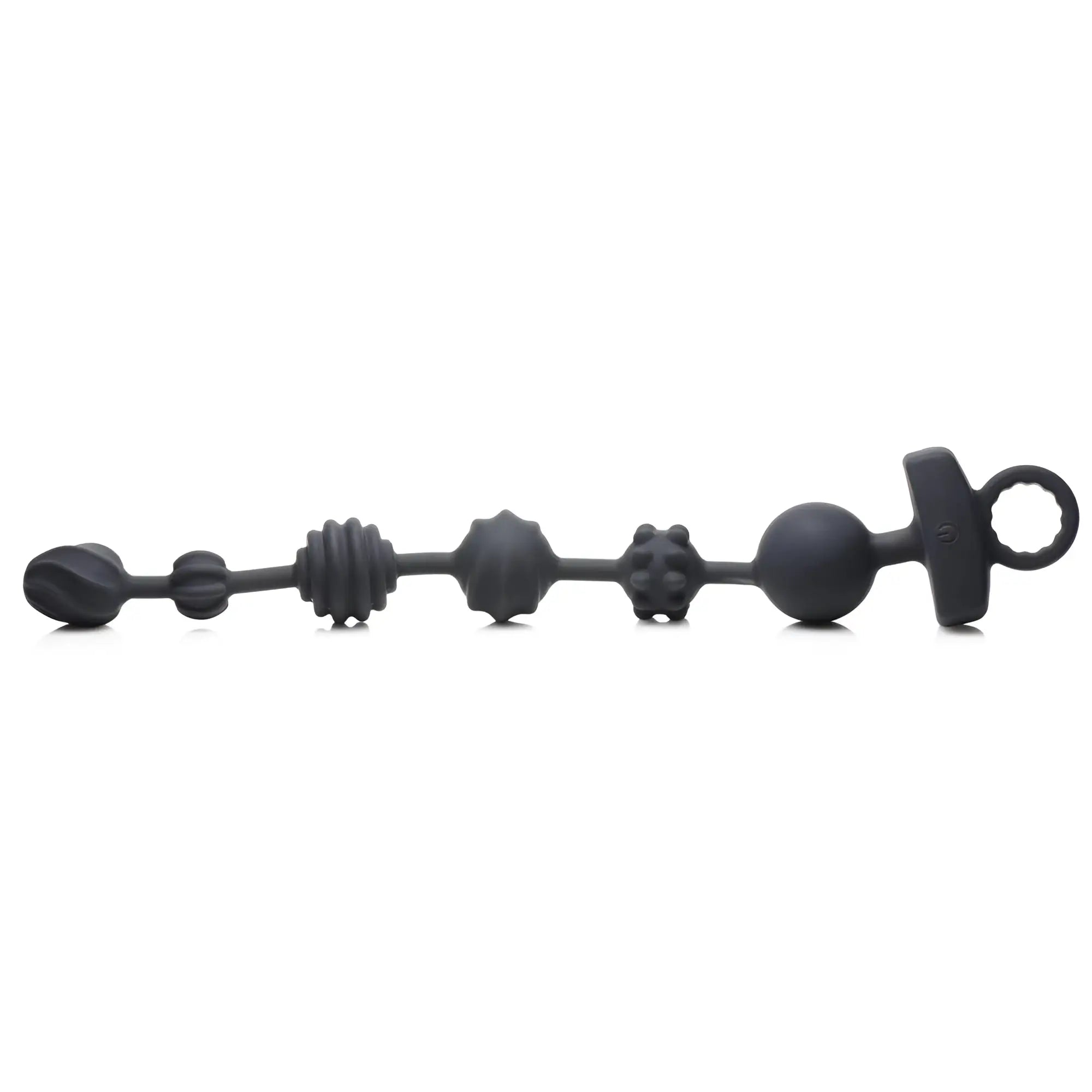Black silicone vibrating anal plug with textured segmented design and ringed handle from 21X dark rattler beads