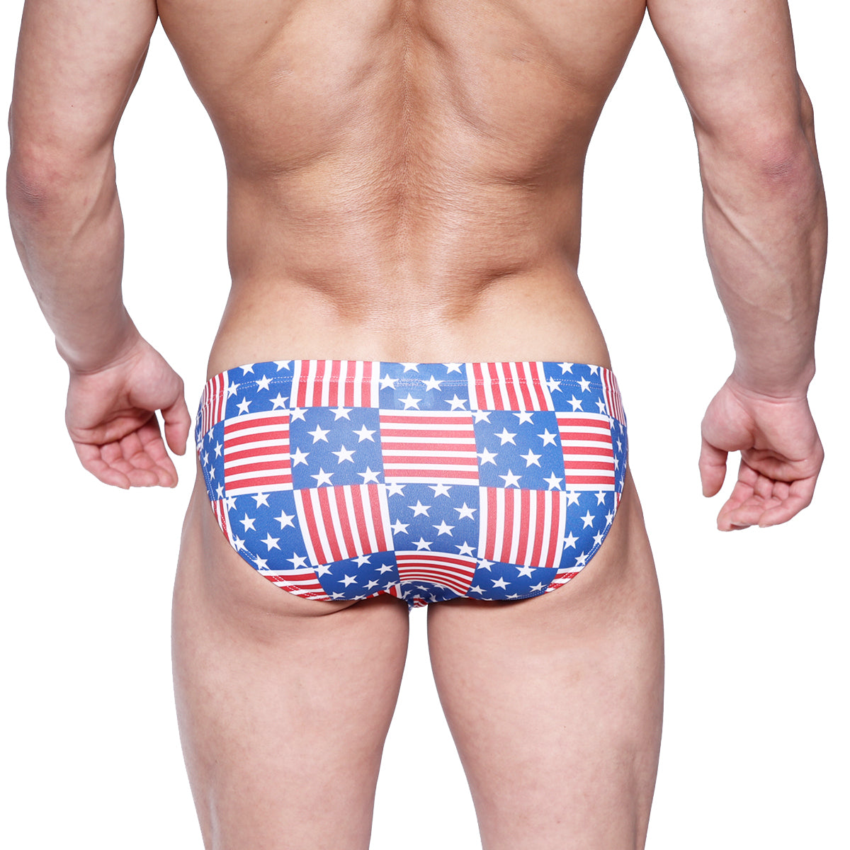 MetroMalewear cannon hip brief usa blue swim trunks with red white and blue american flag patchwork design