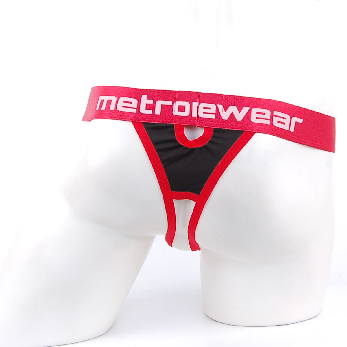 Red and black metroMaleWear peek-a-boo thong briefs with bold red waistband and white lettering front view