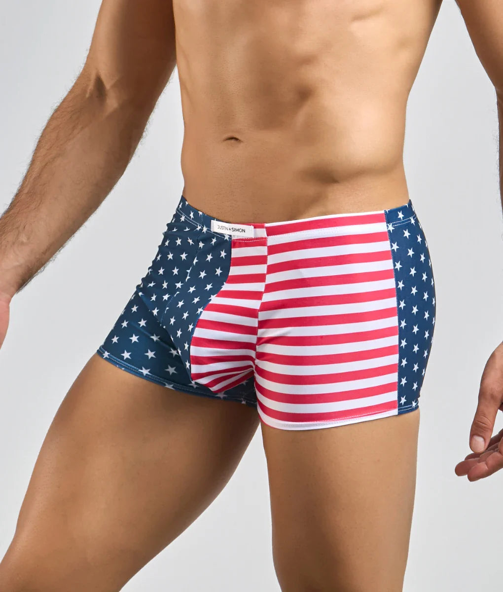 Justin plus Simon classic boxer briefs with American flag design featuring red white stripes and blue white stars