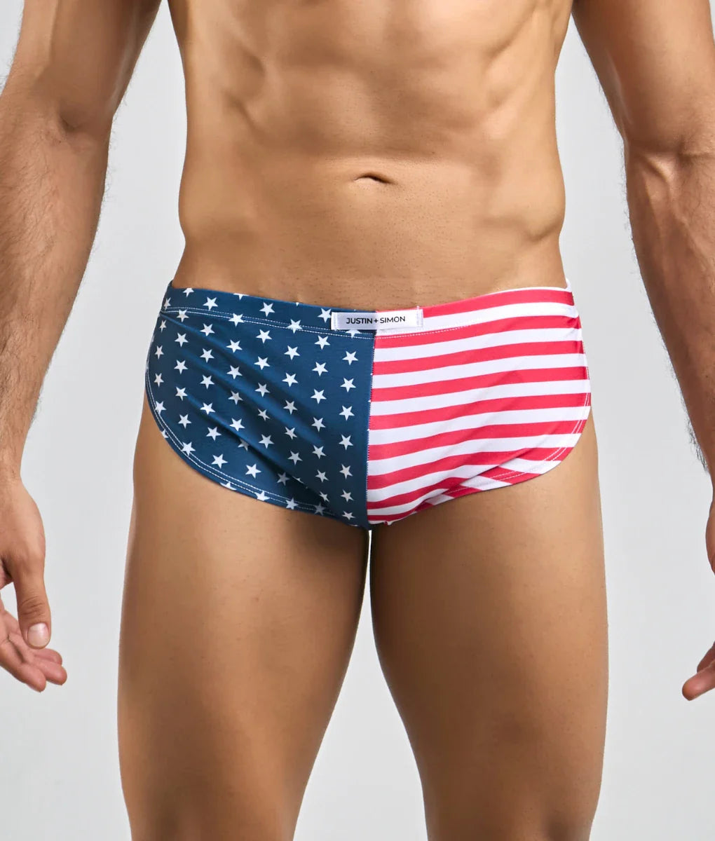 Justin + Simon running short men’s briefs in red white and blue with star-spangled left and striped right sides