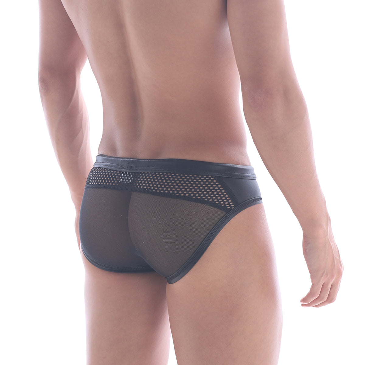 MetroMaleWear sheer hip brief black with black mesh, perforated waistband, and solid black trim front view