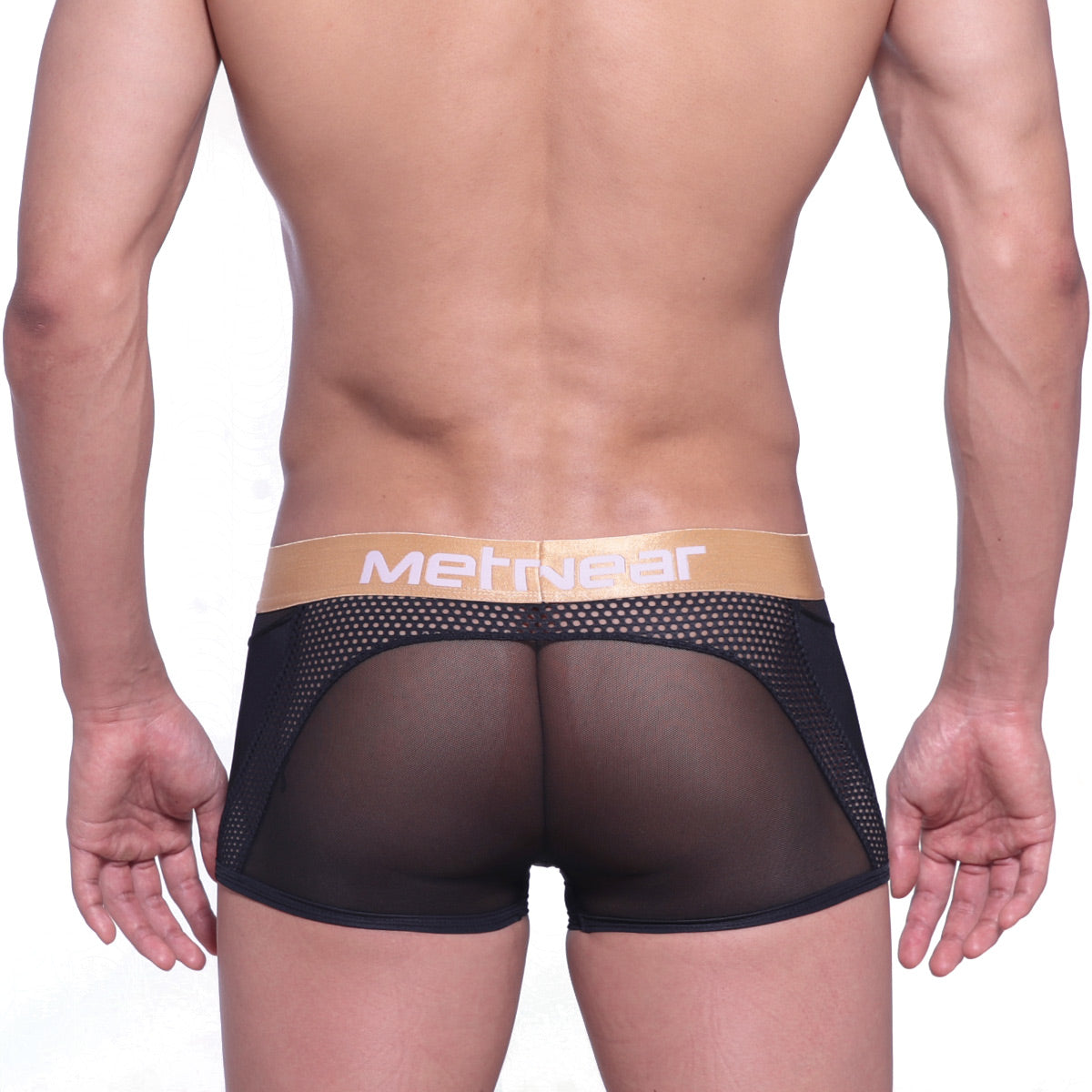 Black mesh briefs with a tan metriwear logo waistband metroMalewear speed mesh hip trunk black 2314-20 front view