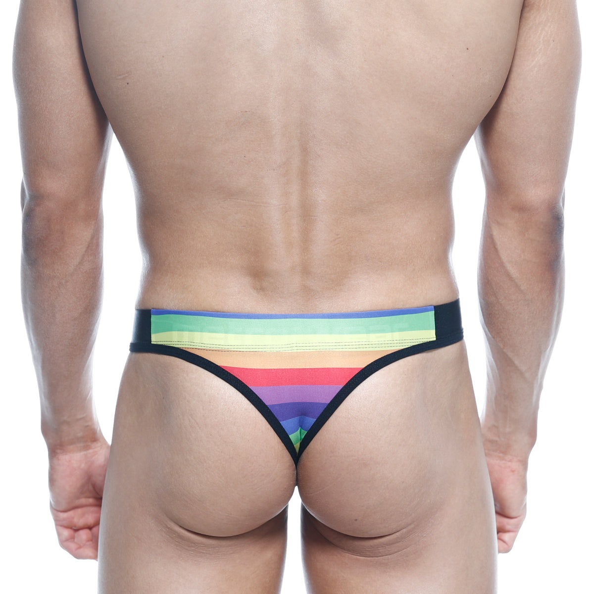 MetroMaleWear rainbow thong 2502-04 with rainbow stripes and black trim in a lightweight stretchy fabric