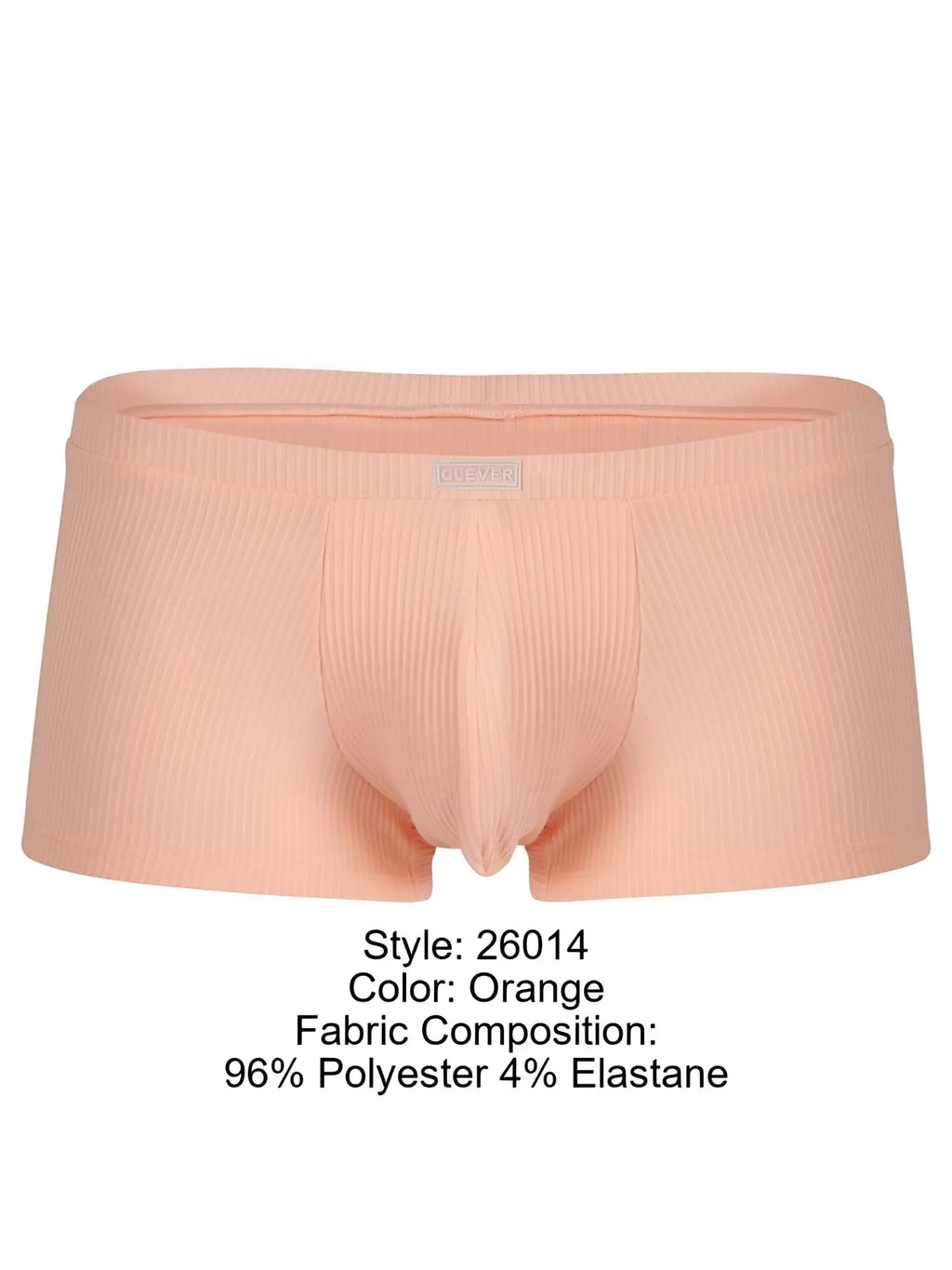 26014 Apolo trunks in ribbed orange fabric, featuring a supportive pouch and a branded Clever waistband.