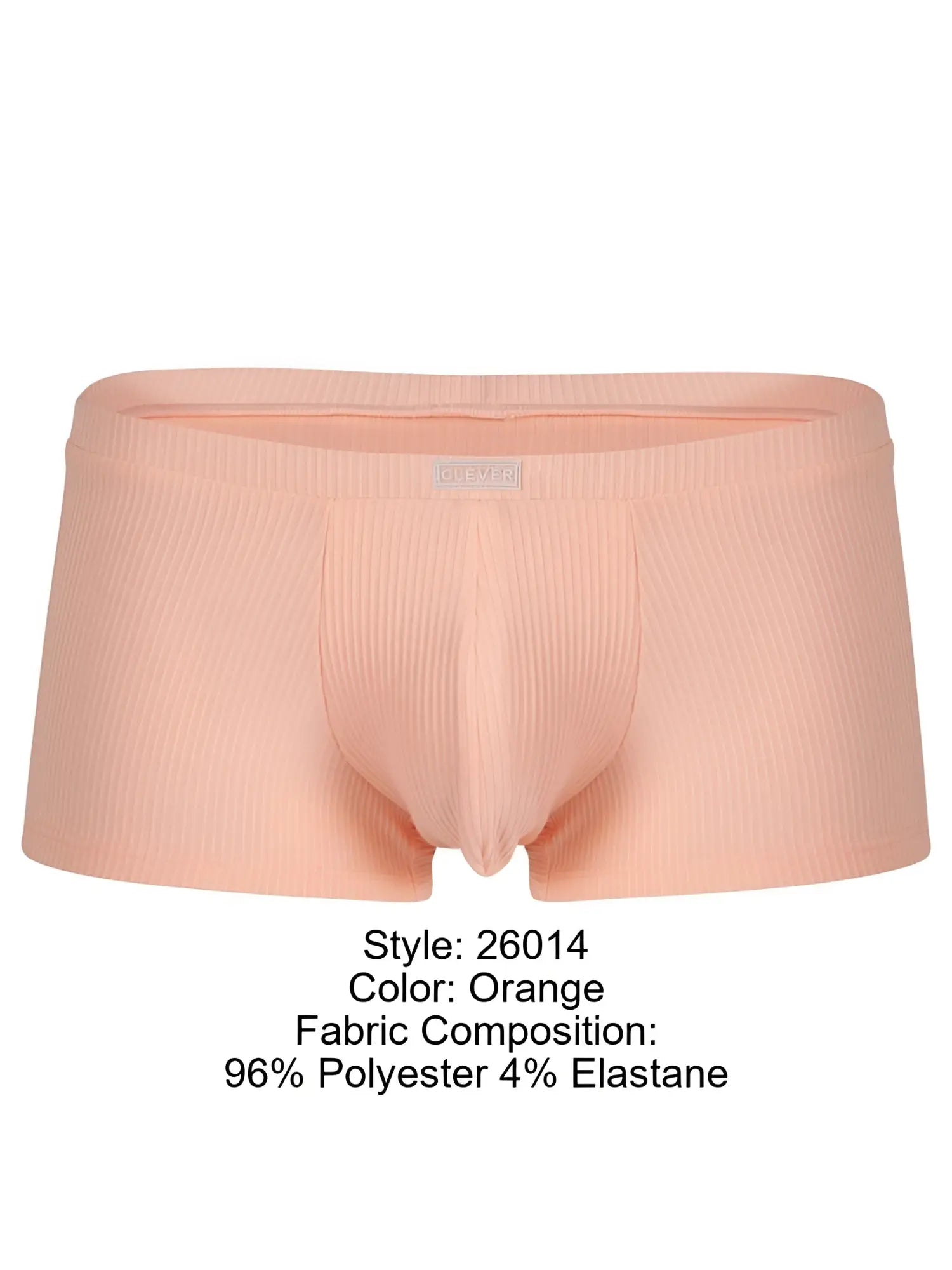 26014 Apolo trunks in ribbed orange fabric, featuring a supportive pouch and a branded Clever waistband.