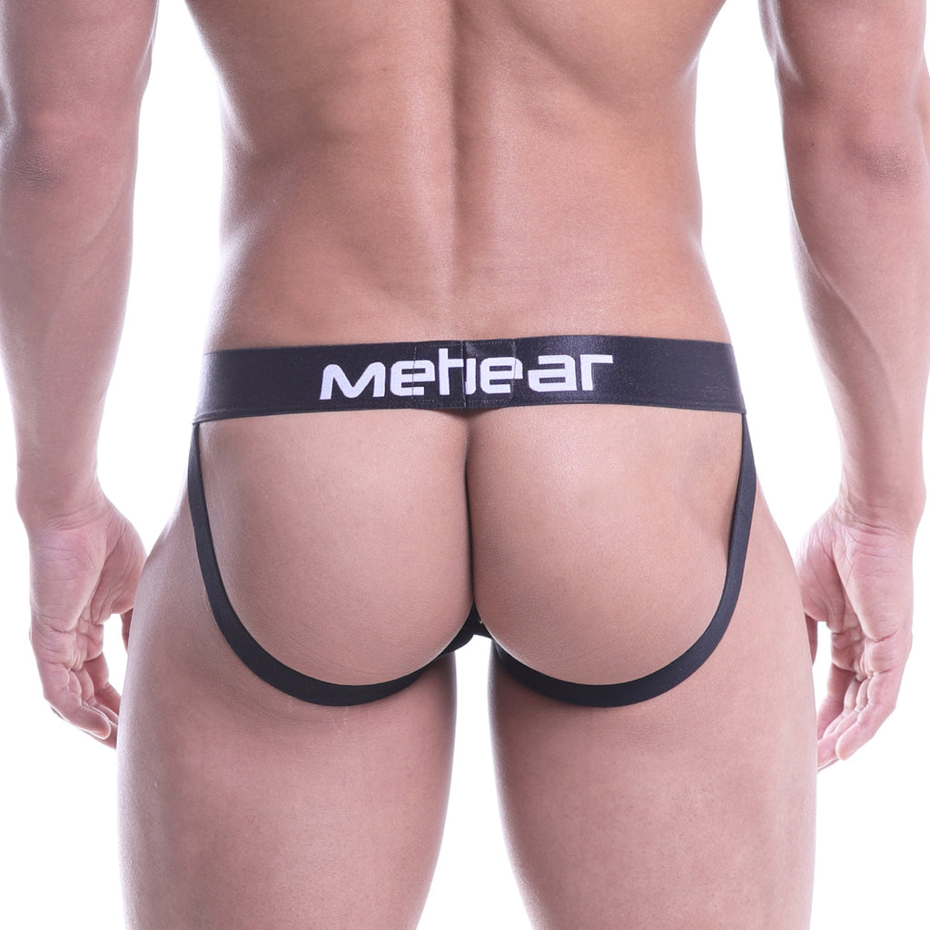 Black meheear brand briefs with white lettering on waistband MetroMaleWear bandal jock strap white 2901-32
