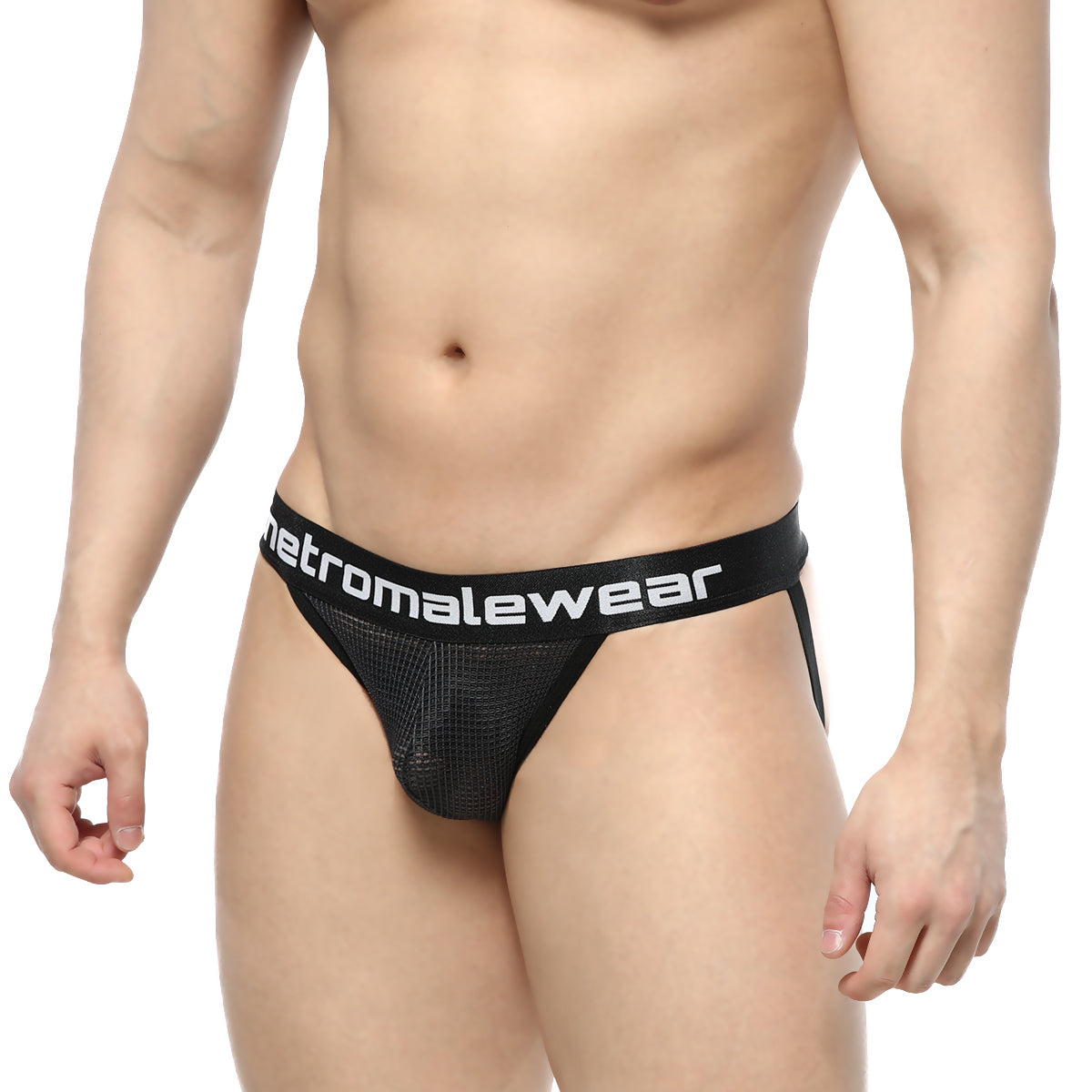 Black mesh briefs with a white metromalewear logo band from the metro male wear grid mesh jockstraps collection