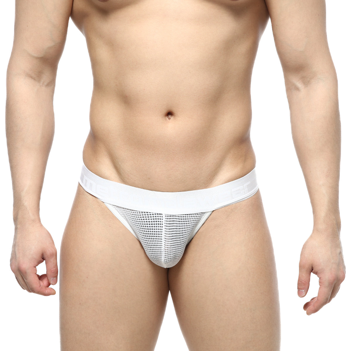White mesh briefs with a solid white waistband from MetroMaleWear Grid Mesh Thong 2912-34 showing front side