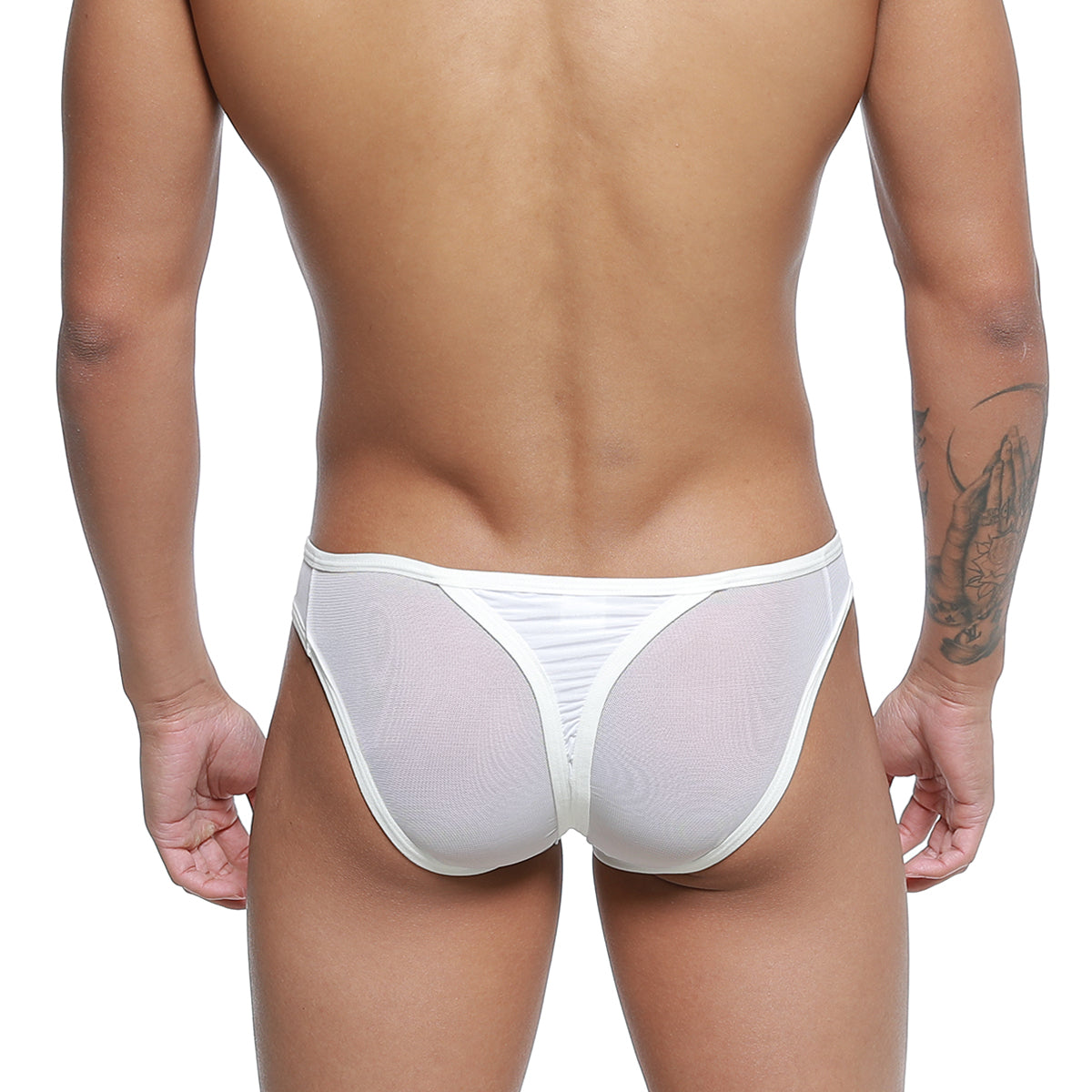 White mesh briefs with solid white waistband and back seam shown from the back in MetroMaleWear mesh bikini-thong