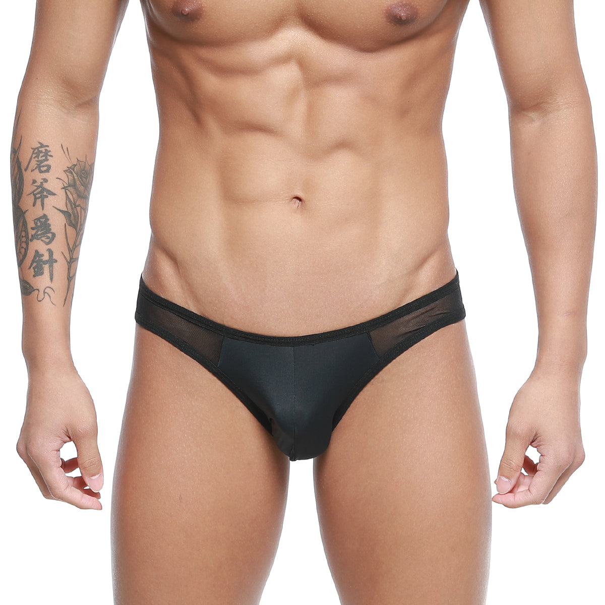 Black sheer mesh briefs with a solid black waistband from metromalewear mesh bikini-thong black 2972-20 showing front view