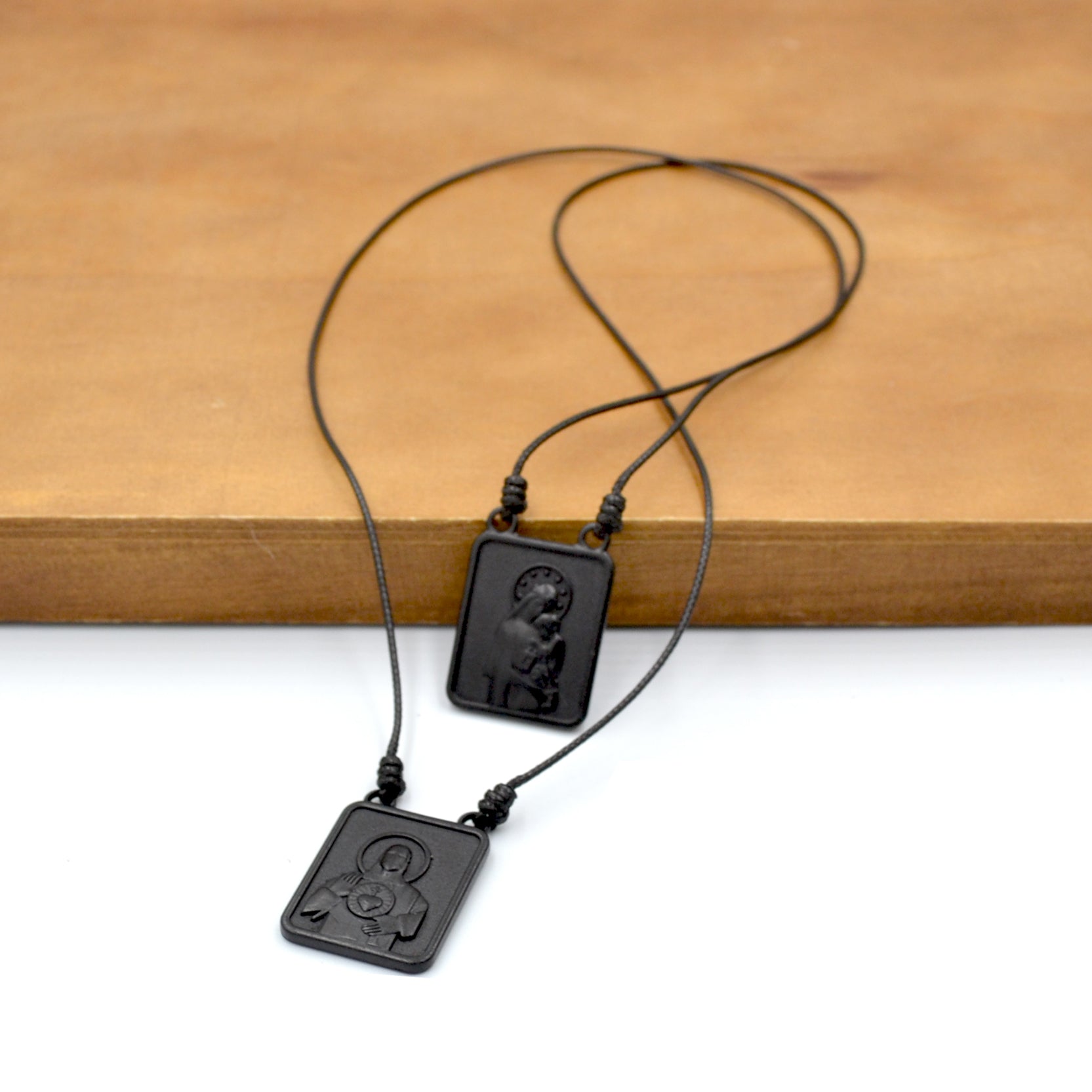 Male Scapular with Cord in Pendant Black or Silver - Men's Necklace - Male Jewelry