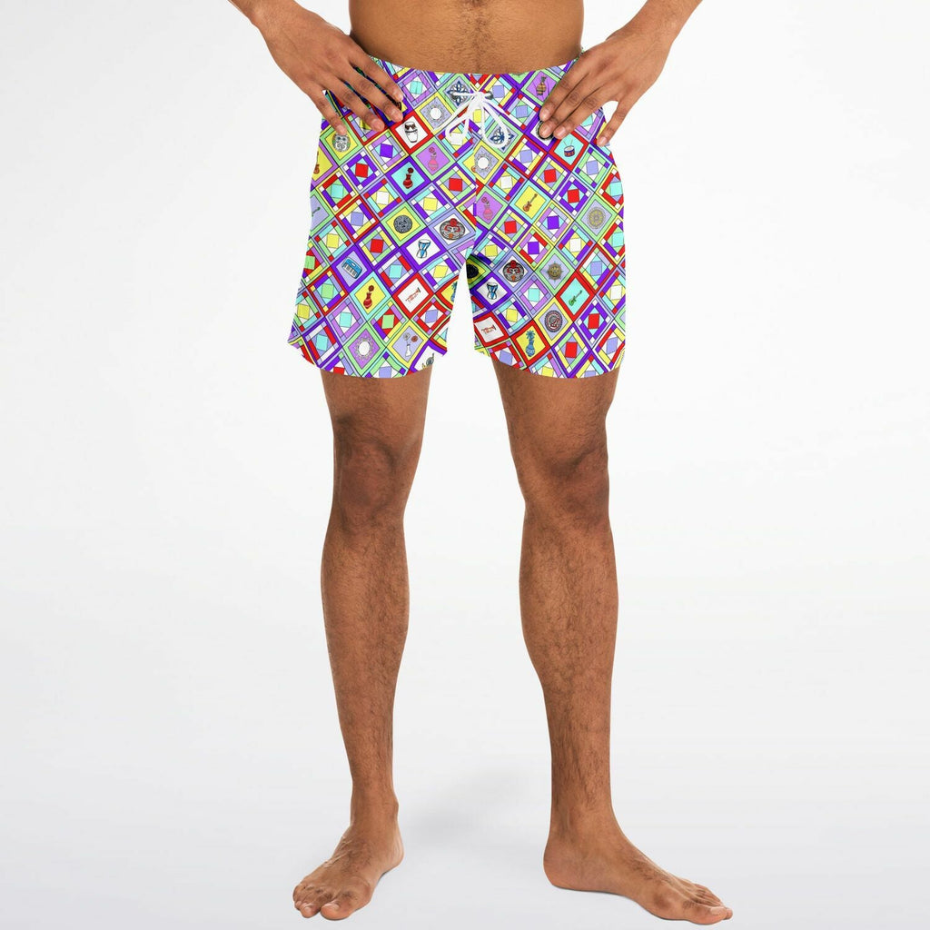 Maris Equi Retro Mod Geometric Diamond Print Swim Trunks for Men