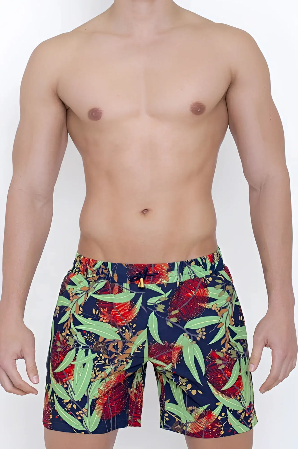 Men’s 2eros australiana shorts swimwear xl navy blue swim trunks with vibrant red floral and green leaf tropical pattern