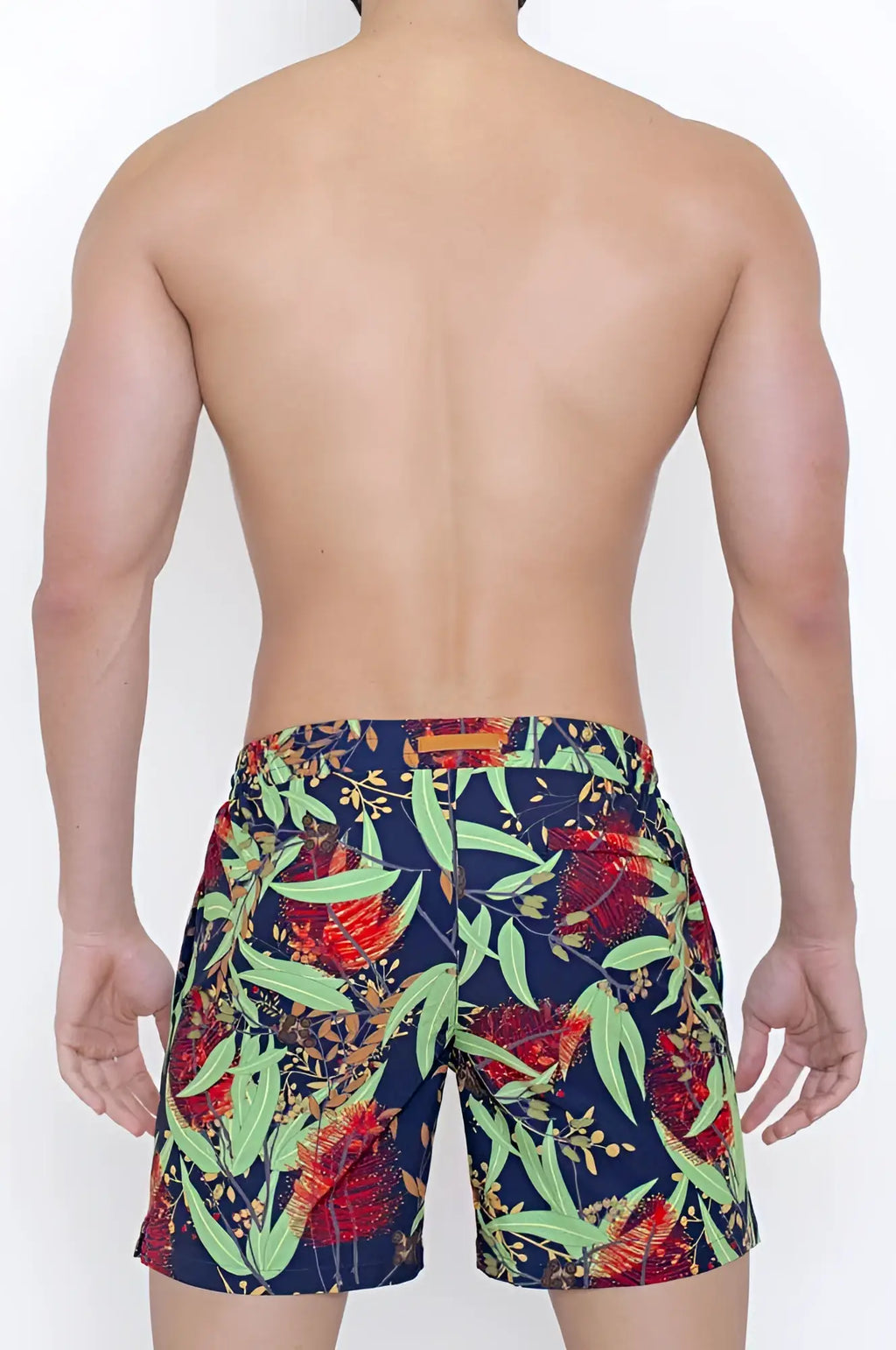 Mens navy blue 2eros australiana swim trunks with vibrant red floral pattern and green leaves size xl