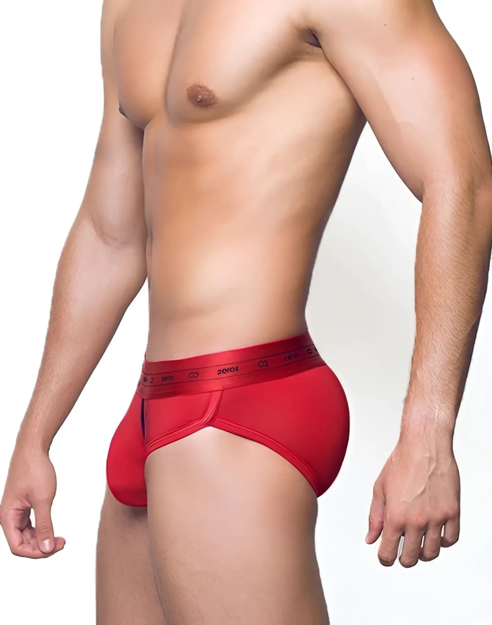 Red mens briefs with a matching elastic waistband featuring the brand name zenos printed in black from 2eros x series