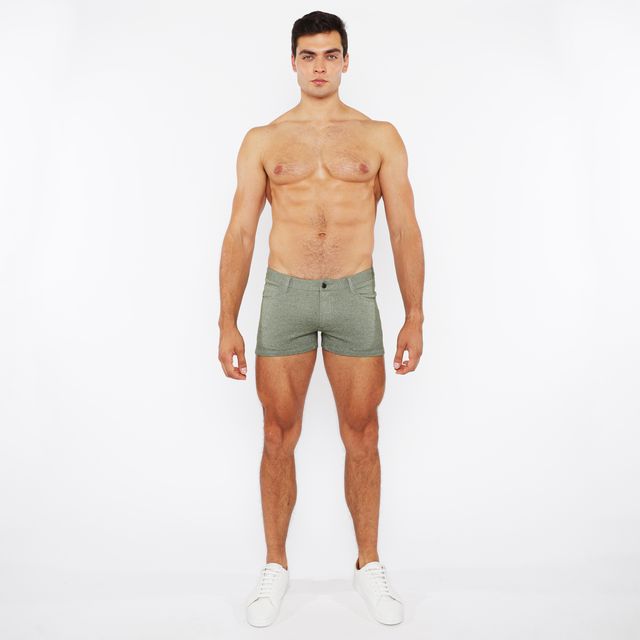A pair of olive green 3 inch stretch knit two tone briefs with textured fabric and button closure