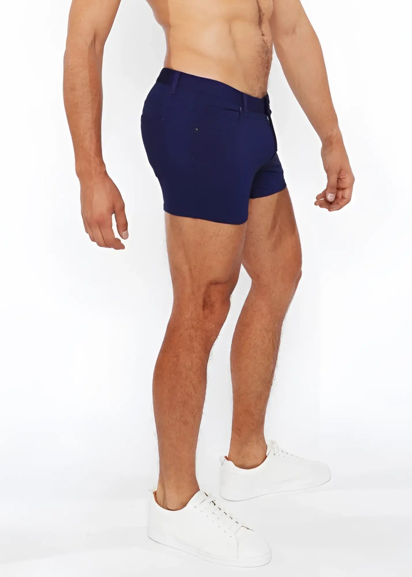 Navy blue 3 inch stretch knit duo tone shorts with a tailored modern cut and subtle side pockets
