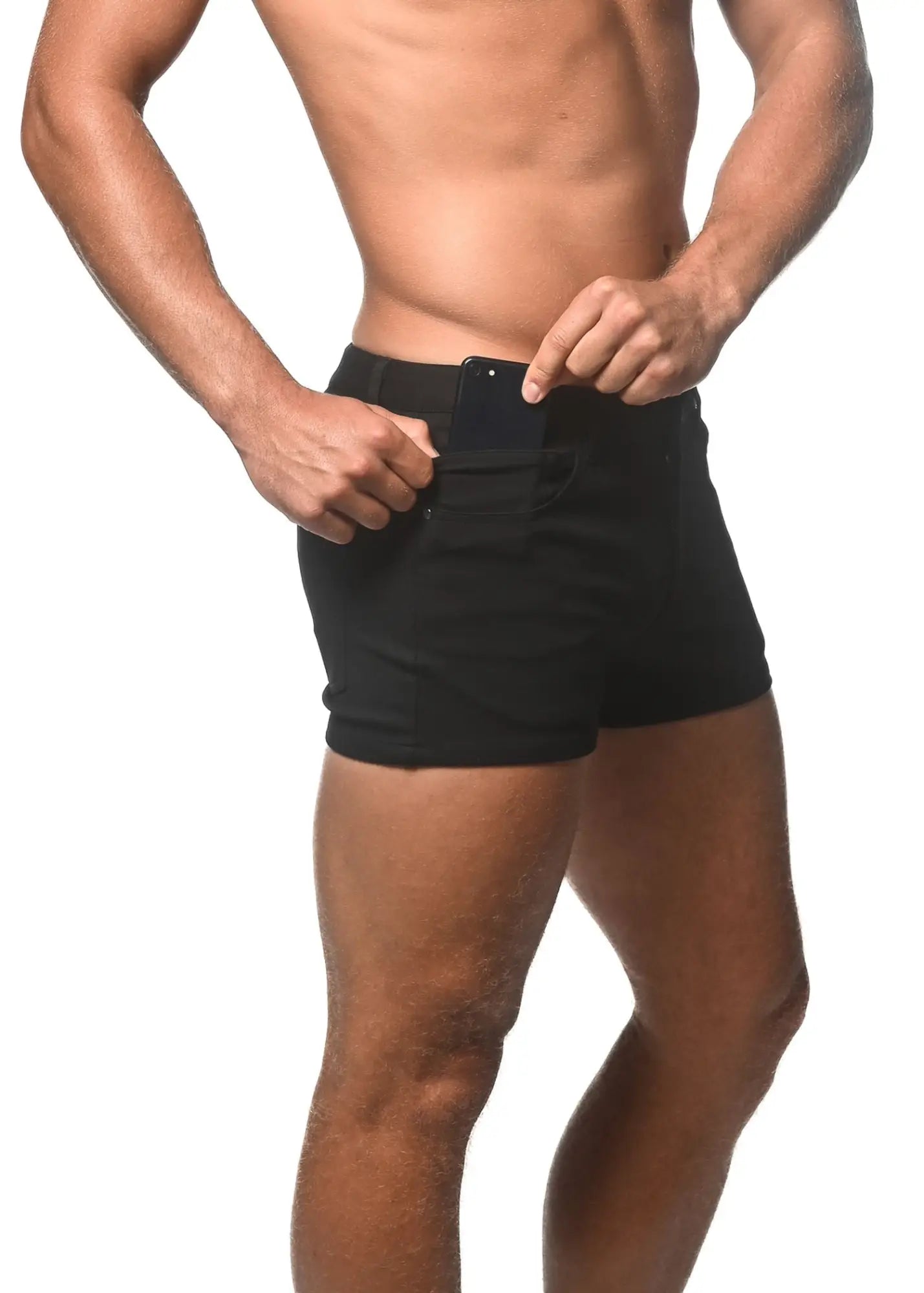 Black 3 inch stretch knit shorts with a fitted design and visible belt loop detail in a sleek athletic style
