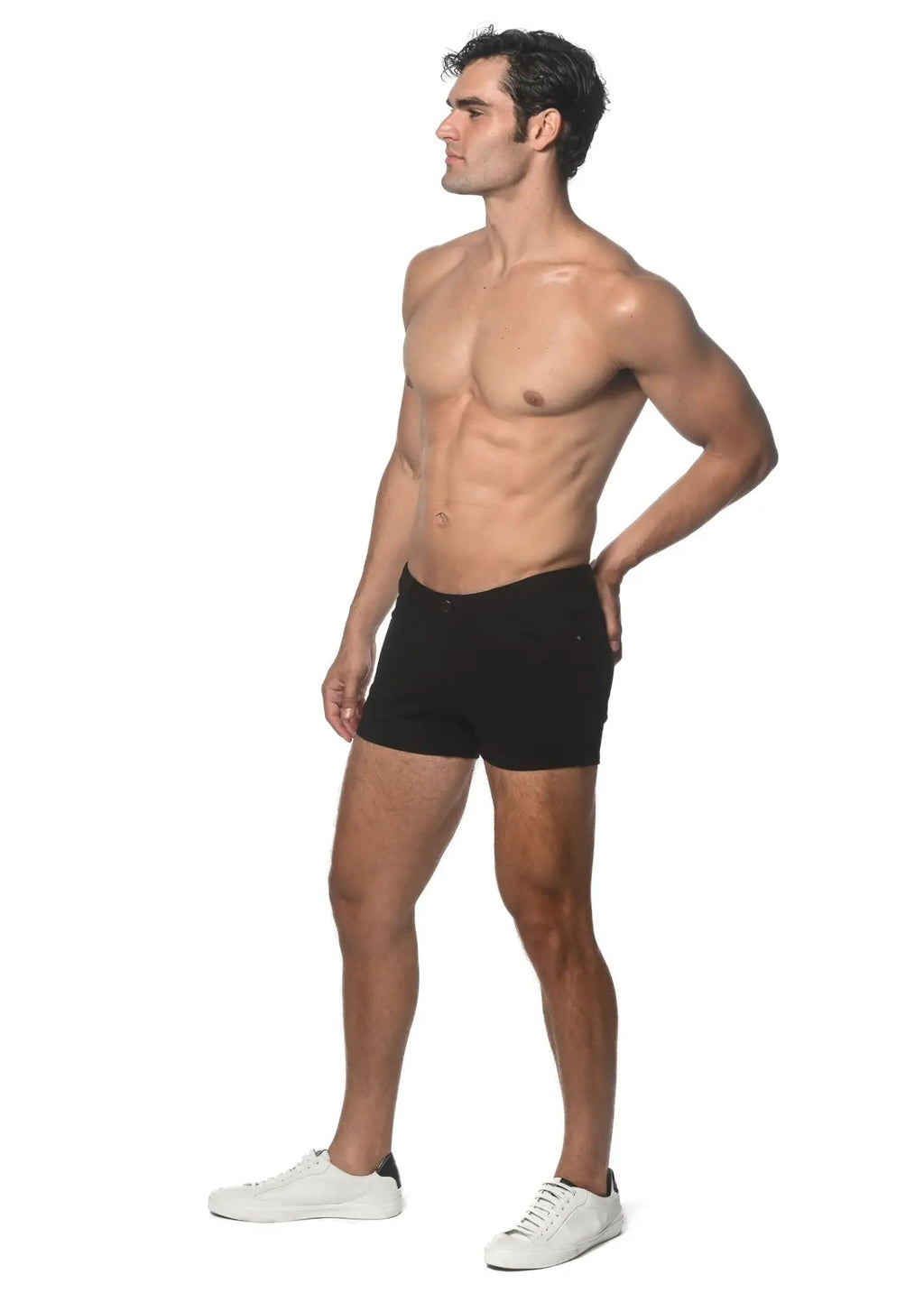 Black 3 inch stretch knit short briefs with a sleek form fitting design made of stretchy fabric