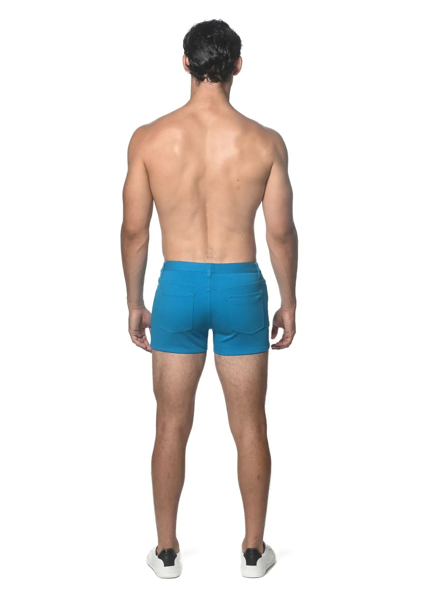 Blue 3 inch stretch knit athletic shorts with a simple design and subtle back pocket detail shown from the back side