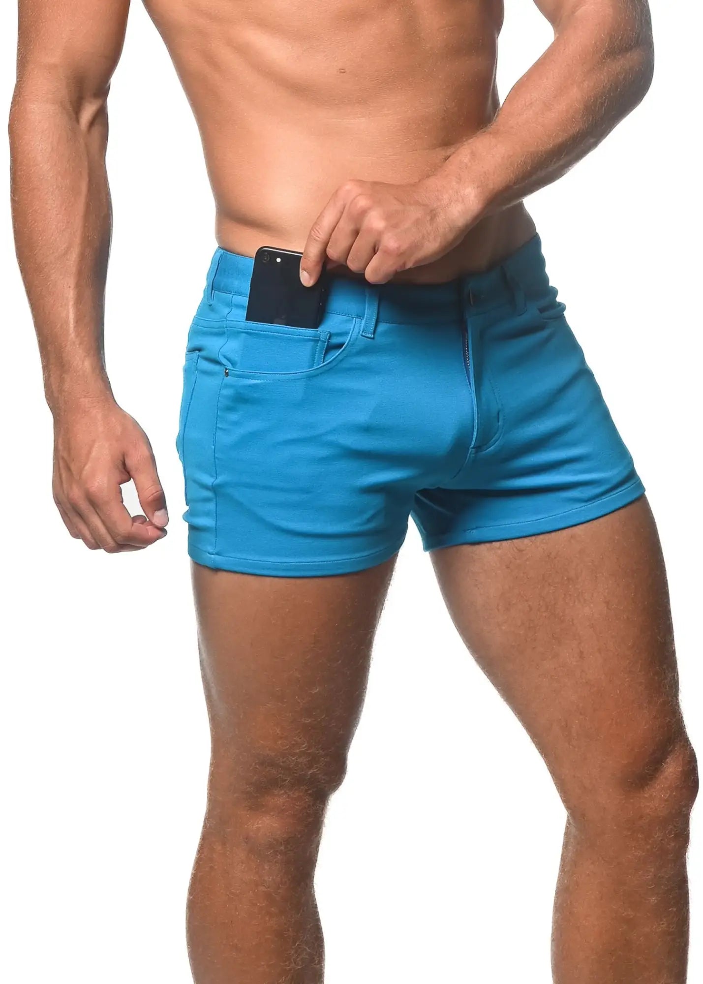 Bright blue 3 inch stretch knit denim shorts with classic five-pocket design for comfortable casual wear