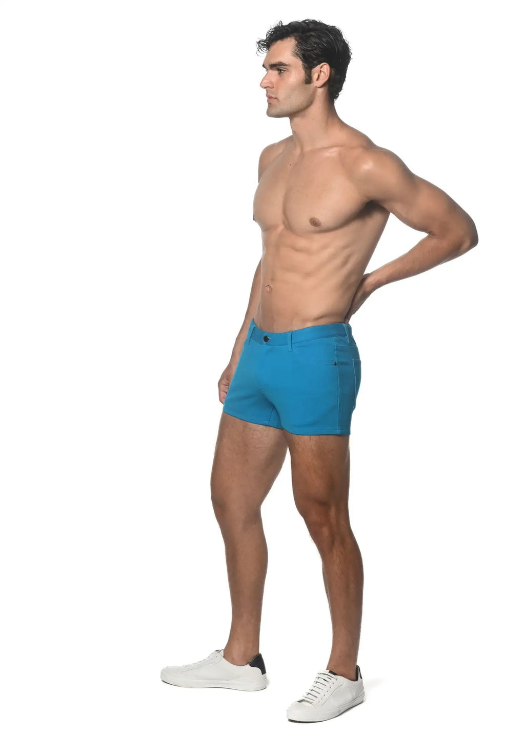 Bright blue 3 stretch knit shorts with a form-fitting design five pockets and button closure