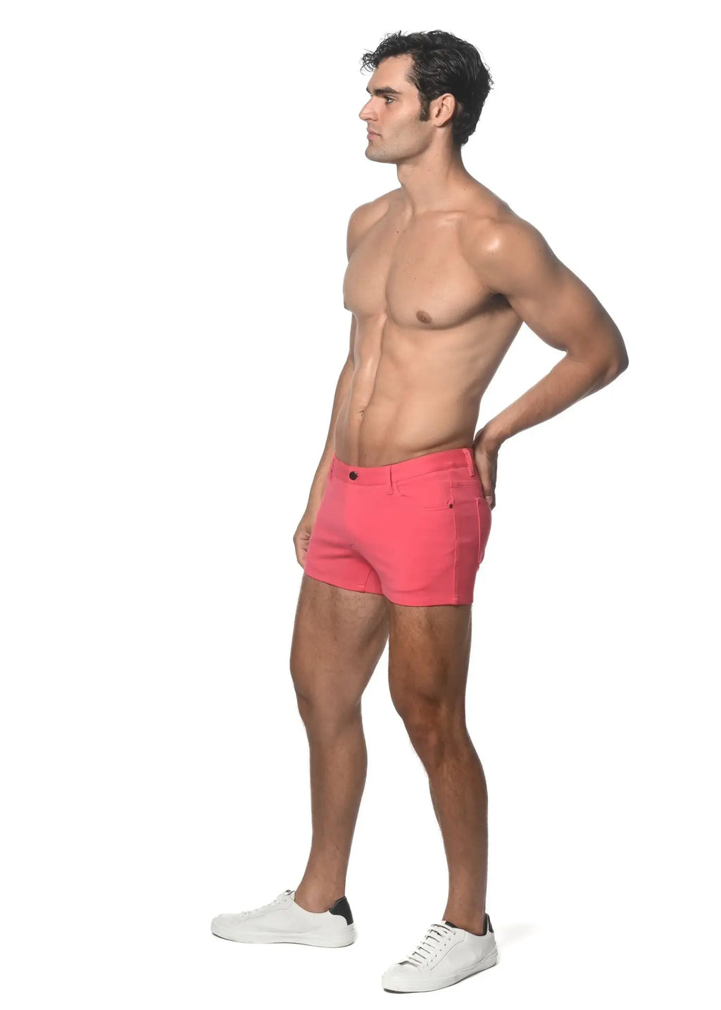 Bright pink 3 inch stretch knit shorts with five-pocket design and button closure for casual wear