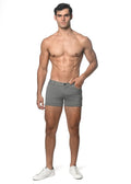Gray 3 inch stretch knit shorts featuring classic five pocket design and belt loops made from stretch denim material