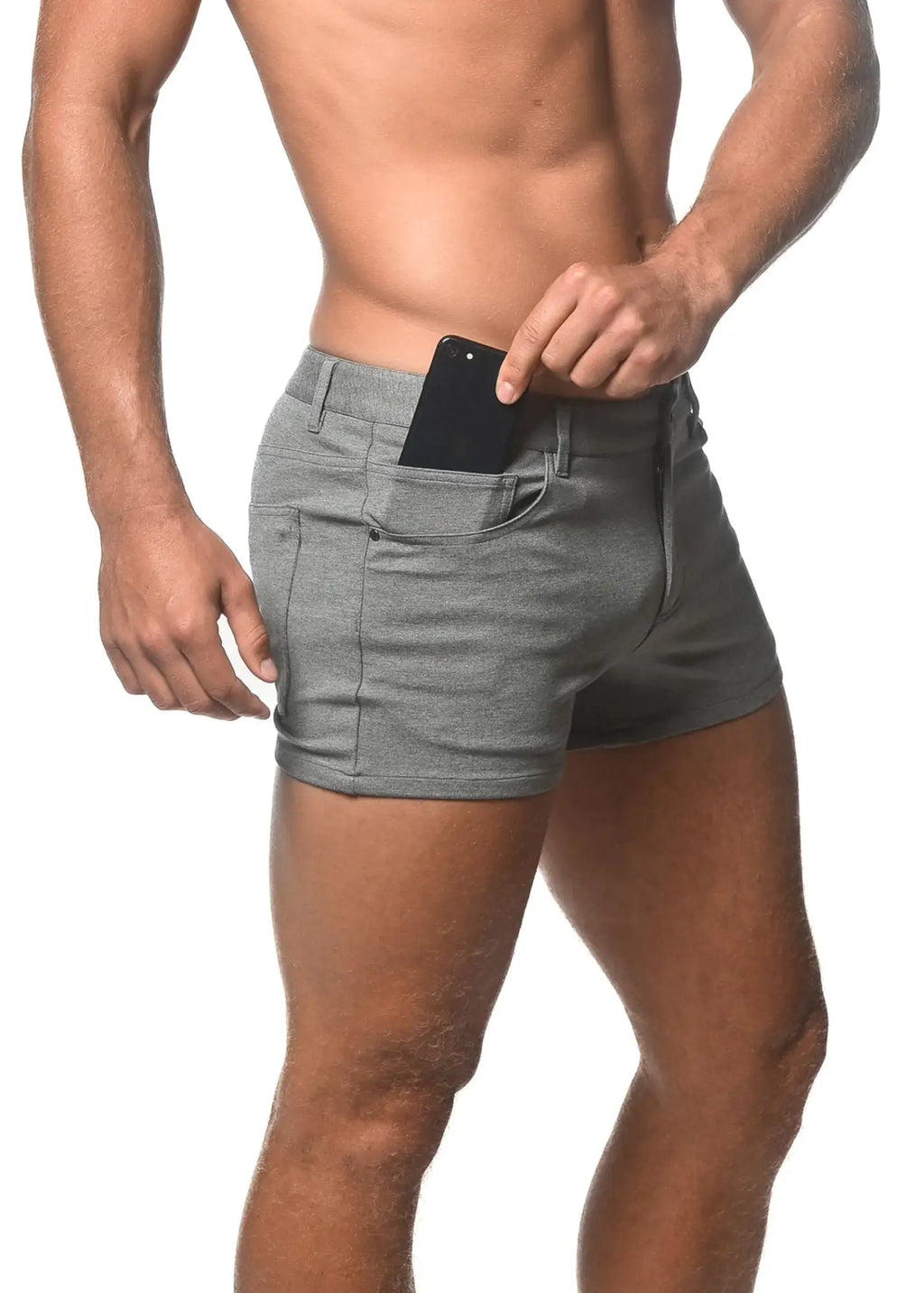 Gray stretch knit shorts with a 3 inch inseam featuring a textured fabric and sleek modern design