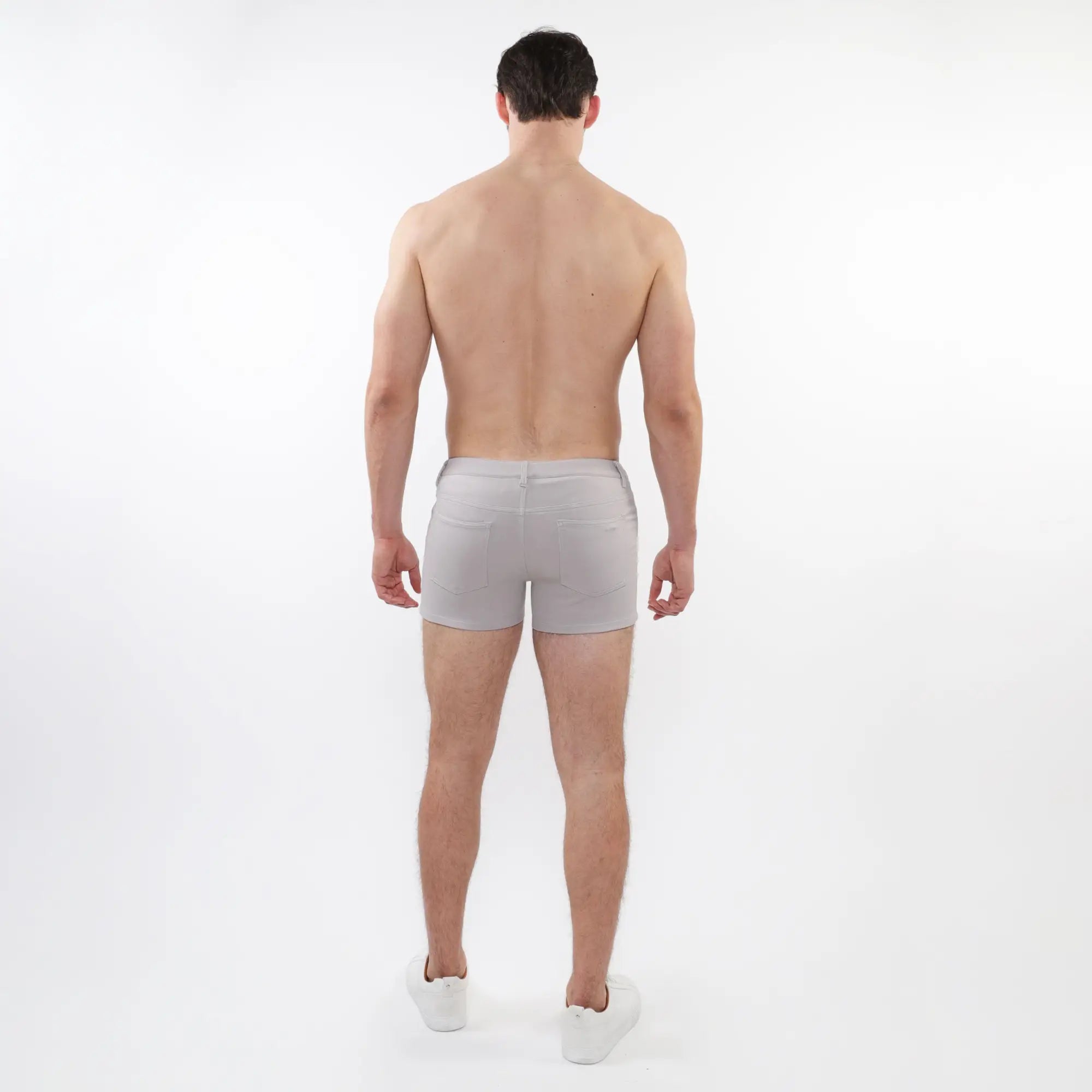 Light gray 3 inch stretch knit athletic briefs with subtle waistband seam detail for comfortable active wear