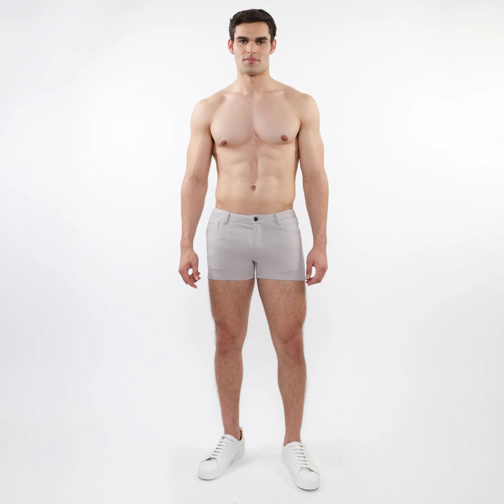 Light gray 3 inch stretch knit shorts with single button closure and modern tailored design