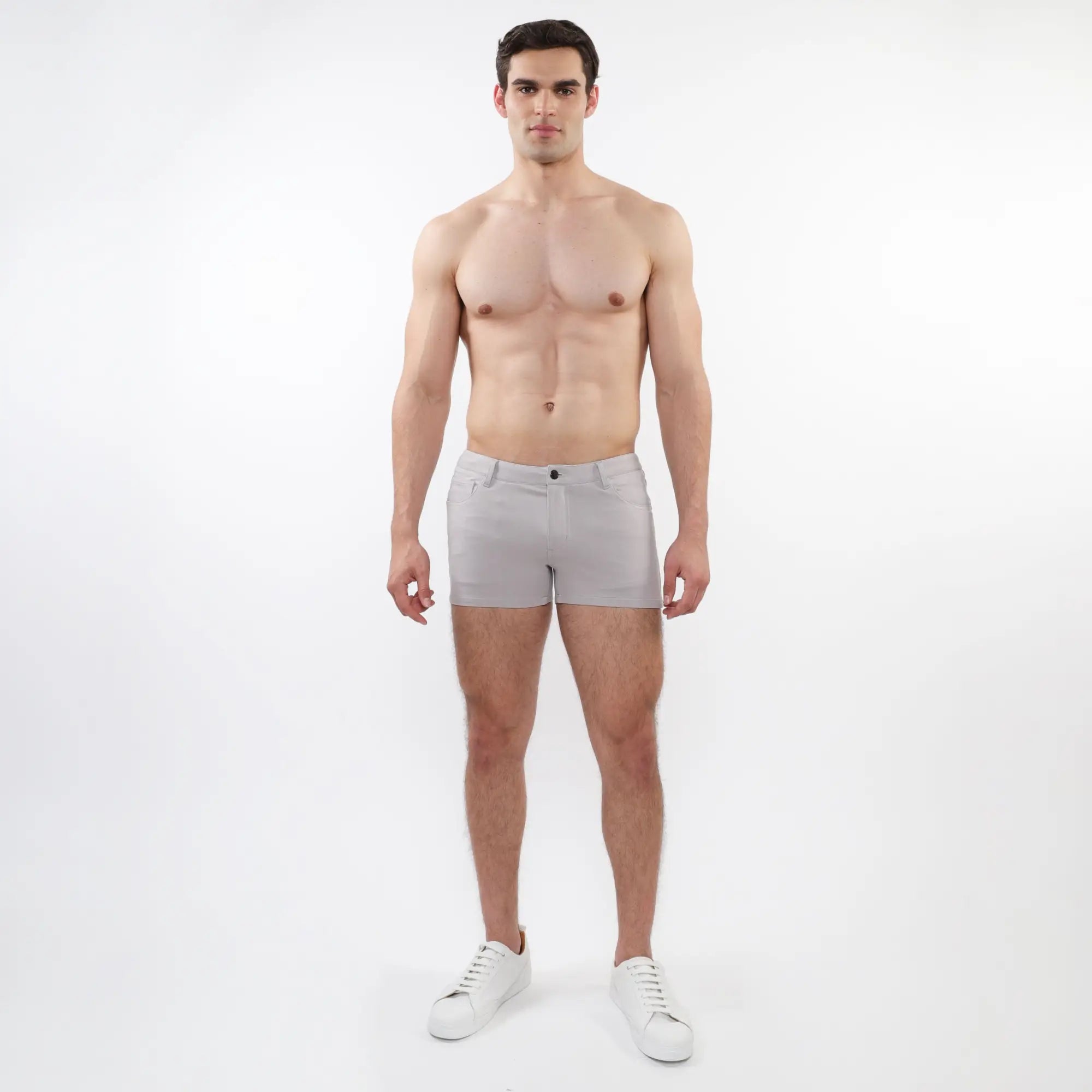 Light gray 3 inch stretch knit shorts with single button closure and modern tailored design