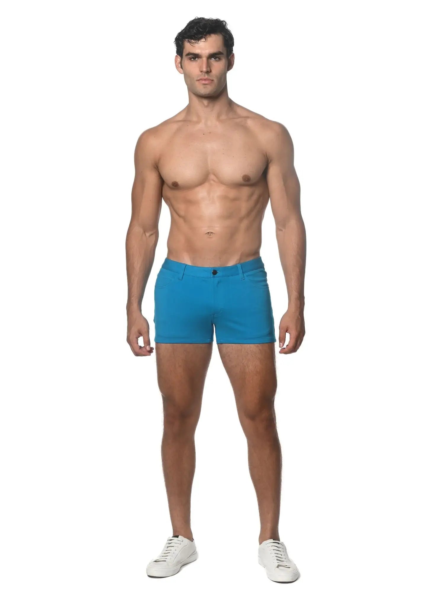 Men’s bright blue 3 inch stretch knit tailored shorts with classic button closure for comfortable wear
