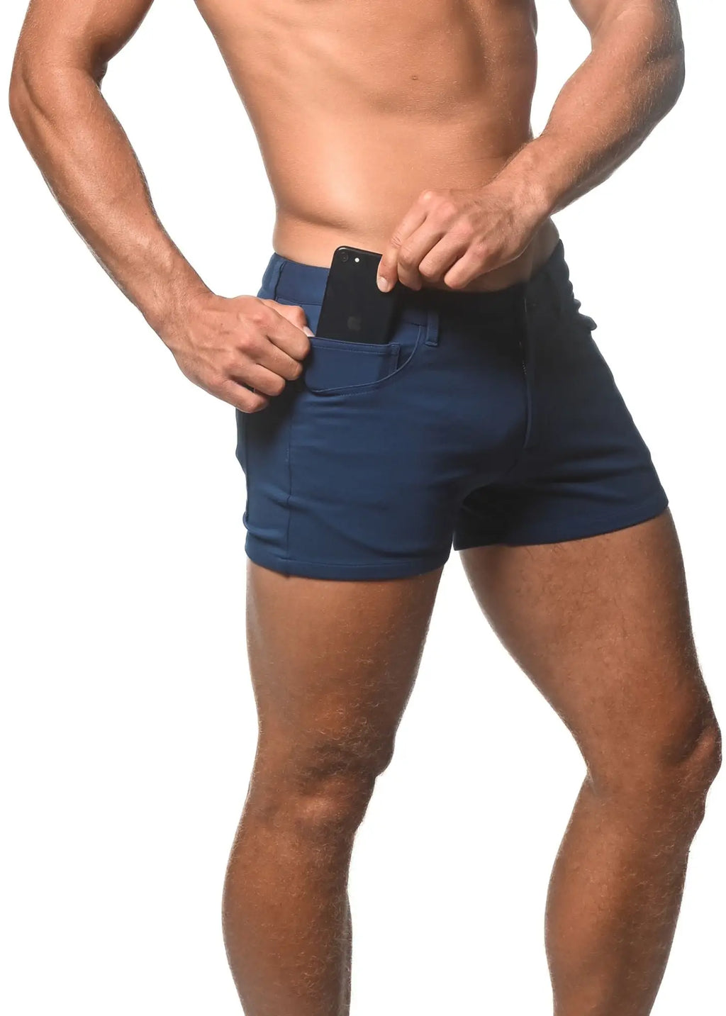 Navy blue 3 inch stretch knit athletic shorts with sleek fitted design and multiple pockets for active wear