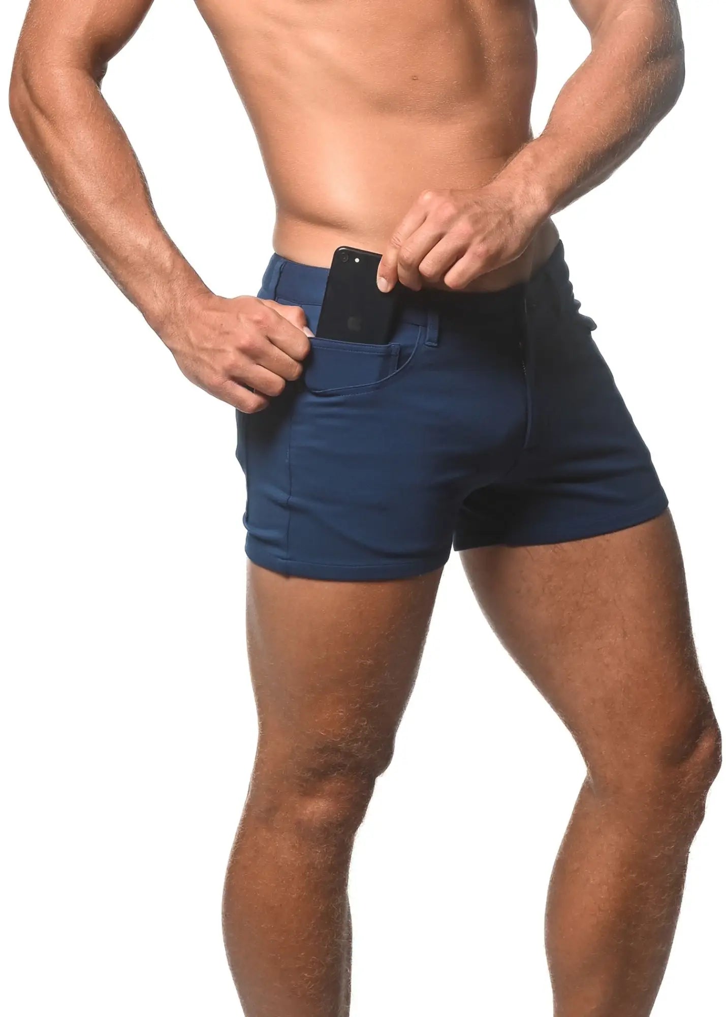 Navy blue 3 inch stretch knit athletic shorts with sleek fitted design and multiple pockets for active wear