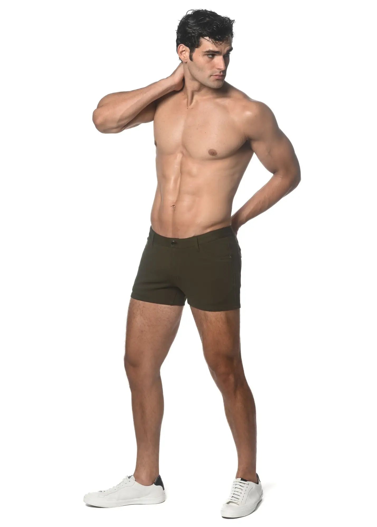 Olive green cotton stretch knit 3 inch shorts briefs with elastic waistband for comfortable fit