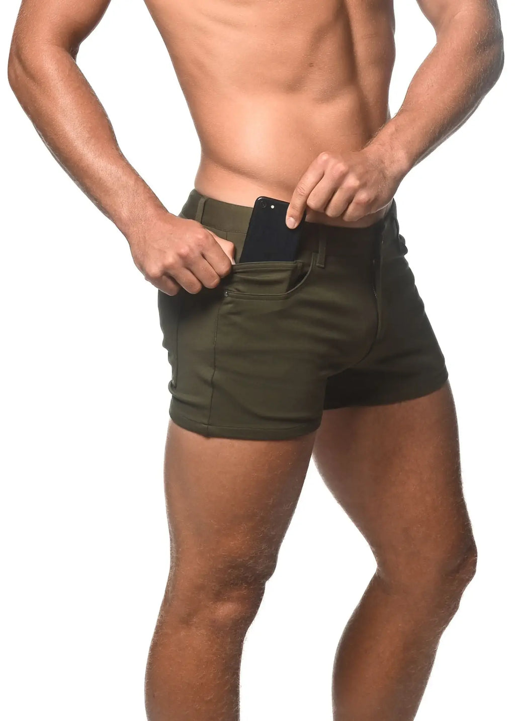 Olive green 3 inch stretch knit shorts with a sleek modern design and functional side pockets
