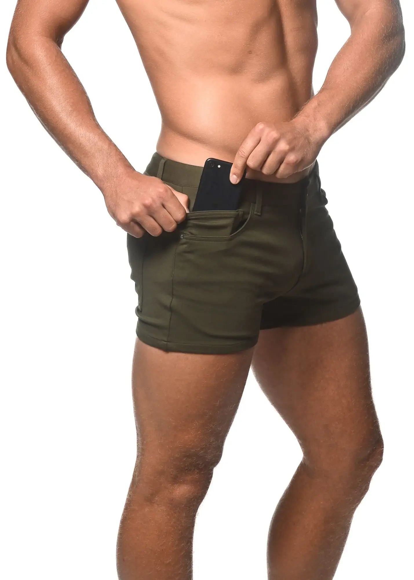 Olive green 3 inch stretch knit shorts with a sleek modern design and functional side pockets