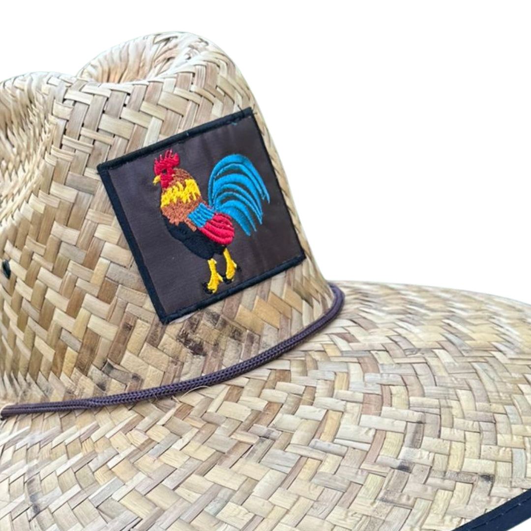 Sombrero de paja salvavidas con parche de gallo 🐓