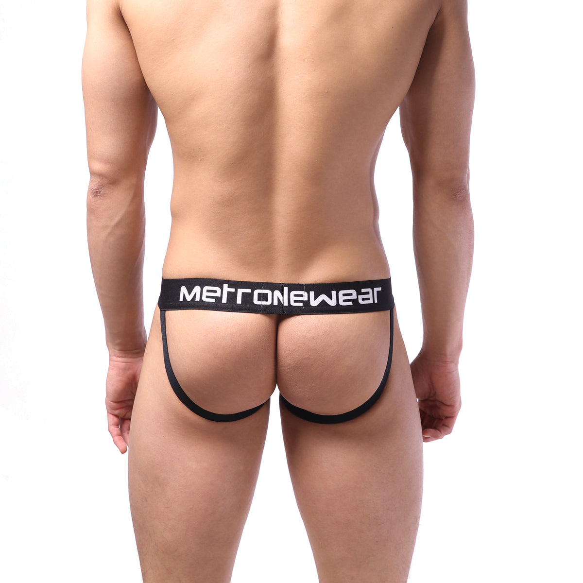 Black MetroMaleWear sheer jock strap briefs with white lettering and contoured supportive design front view