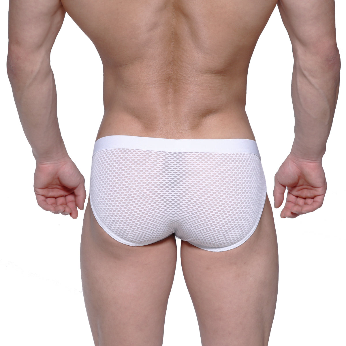 White mesh briefs with solid white waistband from metromalewear max hip brief 3003-71 in front view