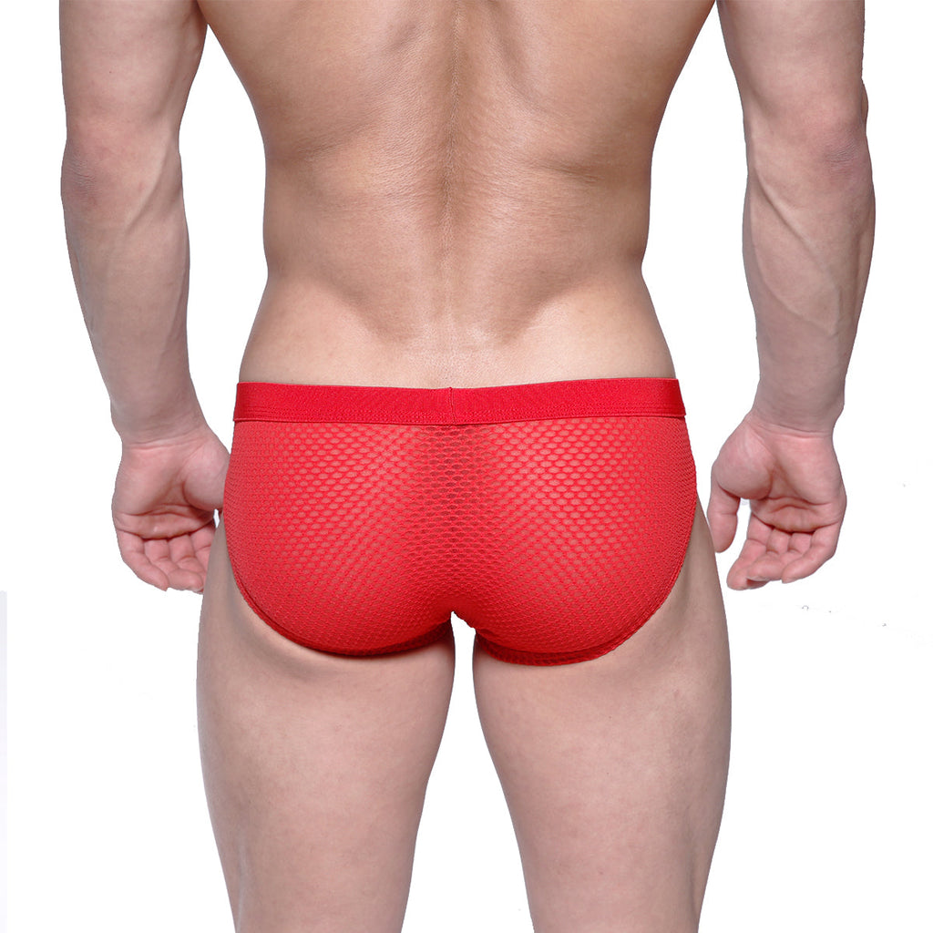 Red mesh briefs with solid red waistband from metromalewear max hip brief 3003-73 showcasing breathable fabric