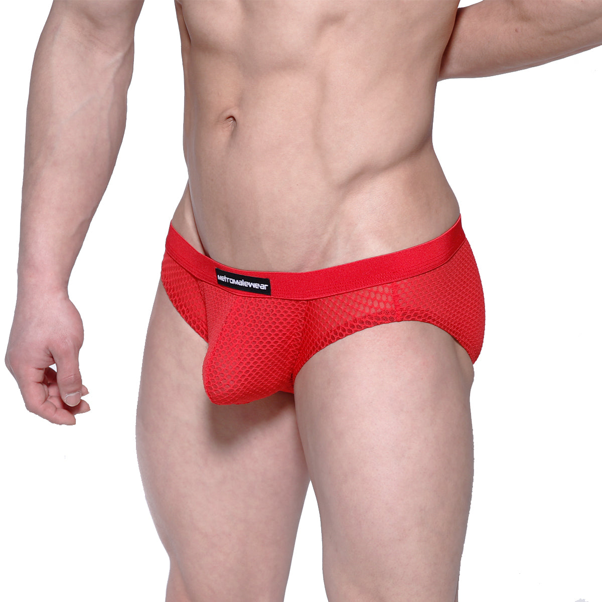 MetroMaleWear max hip brief red mesh 3003-73 featuring red mesh fabric and a black waistband brand label