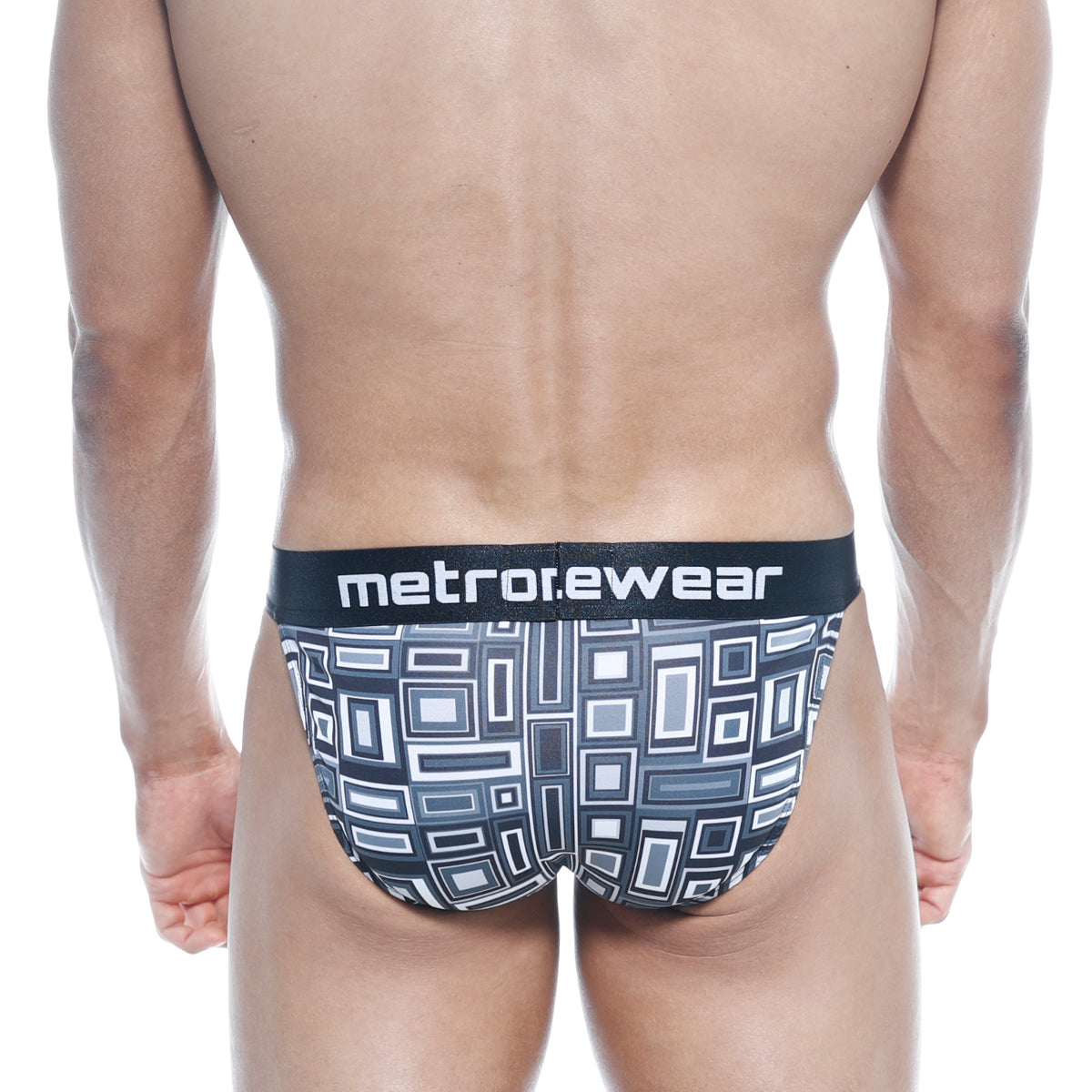 Black and gray geometric patterned mens briefs with black waistband featuring metrowear logo metroMalewear asian bikini Basalto 3004-23