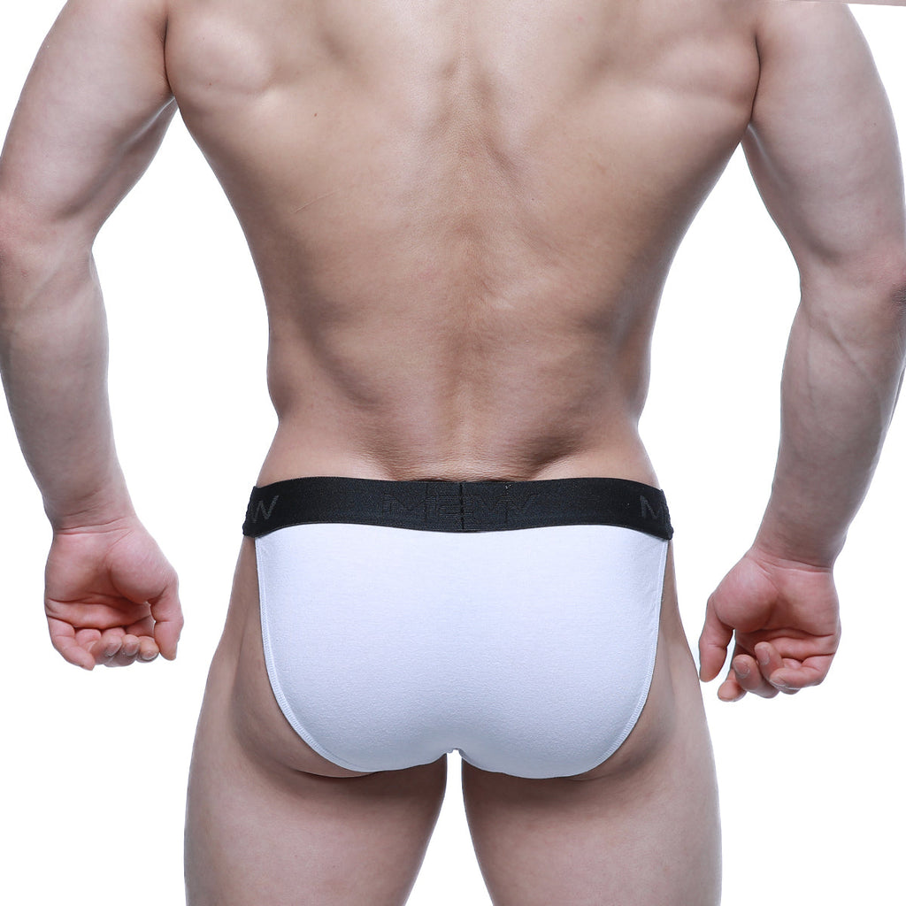 White briefs with black elastic waistband and subtle branding by metromalewear asian bikini cristalino 3004-70