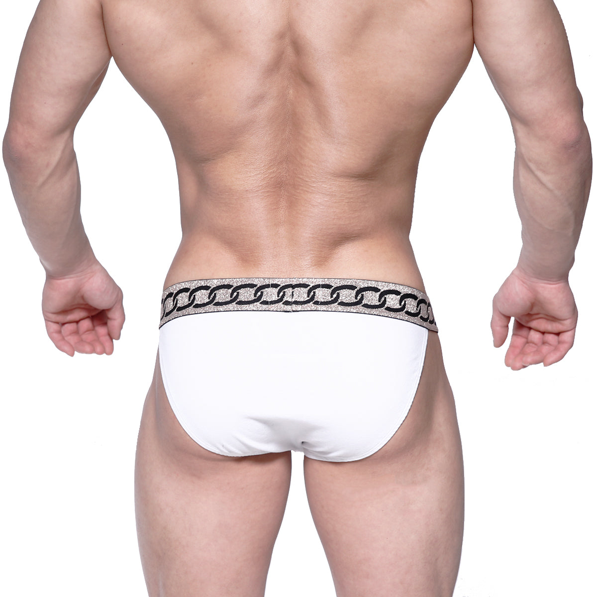 White briefs with glittery silver chain-link waistband from MetroMaleWear Asian bikini metal white 3004-M00 product